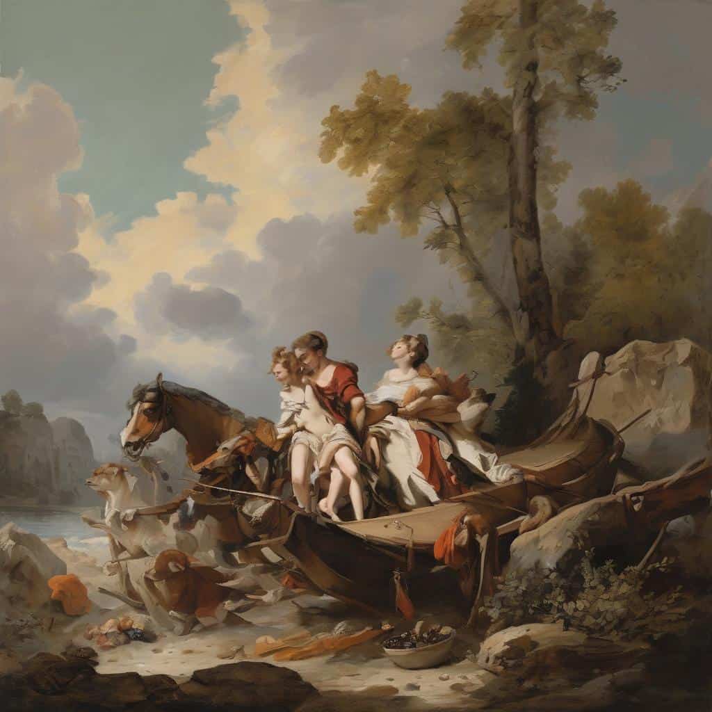 Παράσταση με τρεις γυναίκες σε μια βάρκα σε φυσικό περιβάλλον, έργο με κλασικό στυλ, αναδεικνύοντας σημαντικούς καλλιτέχνες της ανθρωπότητας.